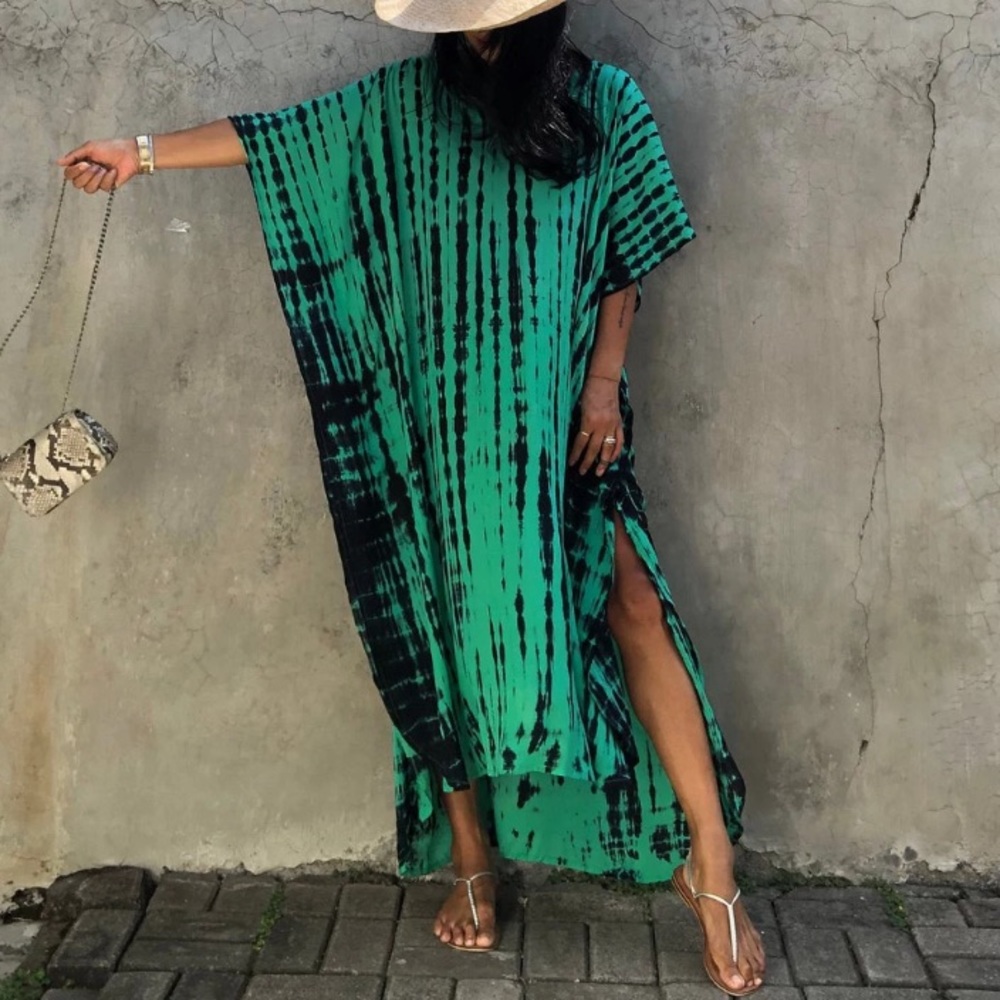 Emerald Green Bohemian Tie Dye Kaftan Kimono Dress - Picture 4 of 5